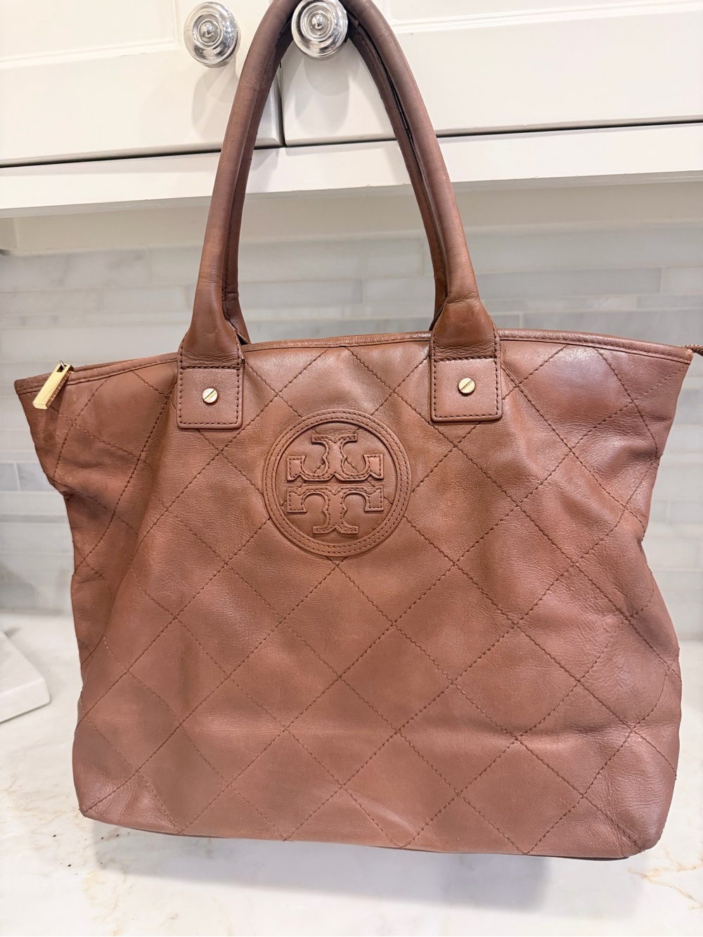 Tory Burch Quilted Leather Tote in Cognac Brown